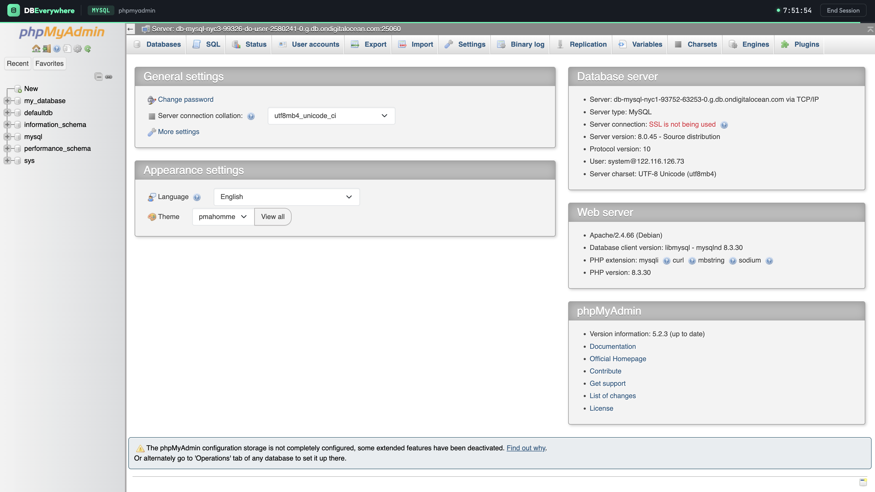 phpMyAdmin running through DBEverywhere, showing database management in the browser with multiple databases connected